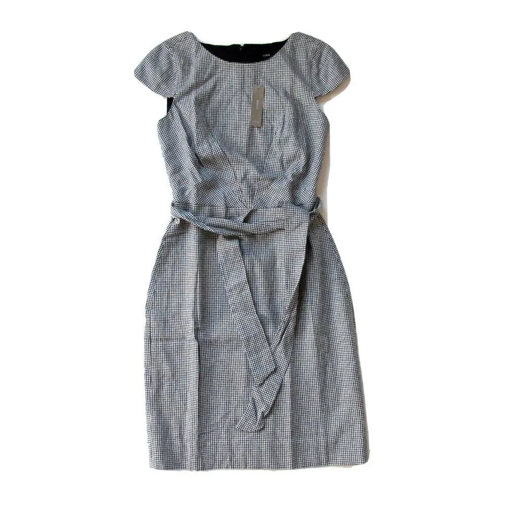 NWT J.Crew 365 Tie Front Sheath in Mini Houndstooth Linen Blend Dress 10 $188